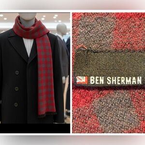 Ben Sherman Red & Grey Checkered Plaid Tassel Scarf